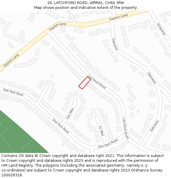 26, LATCHFORD ROAD, WIRRAL, CH60 3RW: Location map and indicative extent of plot