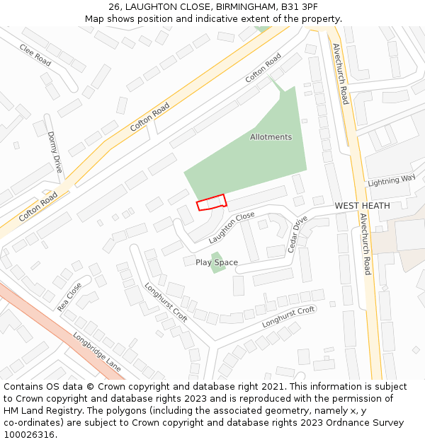 26, LAUGHTON CLOSE, BIRMINGHAM, B31 3PF: Location map and indicative extent of plot