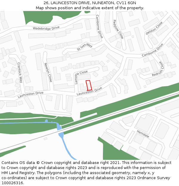 26, LAUNCESTON DRIVE, NUNEATON, CV11 6GN: Location map and indicative extent of plot