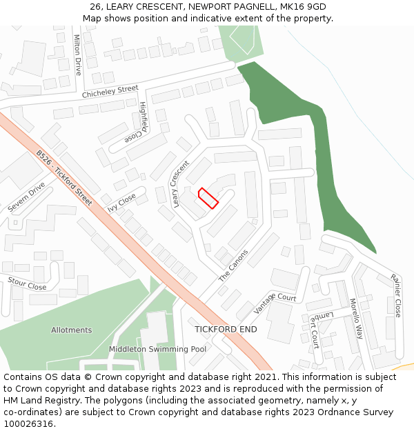 26, LEARY CRESCENT, NEWPORT PAGNELL, MK16 9GD: Location map and indicative extent of plot