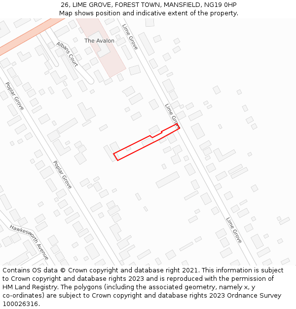 26, LIME GROVE, FOREST TOWN, MANSFIELD, NG19 0HP: Location map and indicative extent of plot