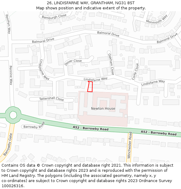 26, LINDISFARNE WAY, GRANTHAM, NG31 8ST: Location map and indicative extent of plot