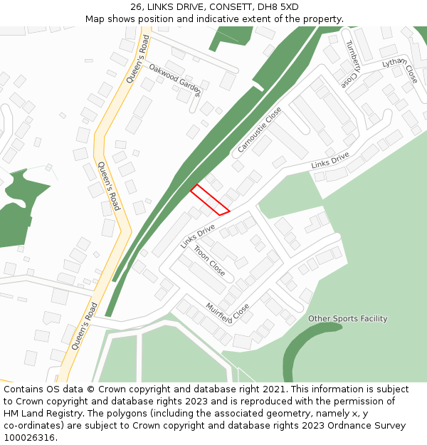 26, LINKS DRIVE, CONSETT, DH8 5XD: Location map and indicative extent of plot