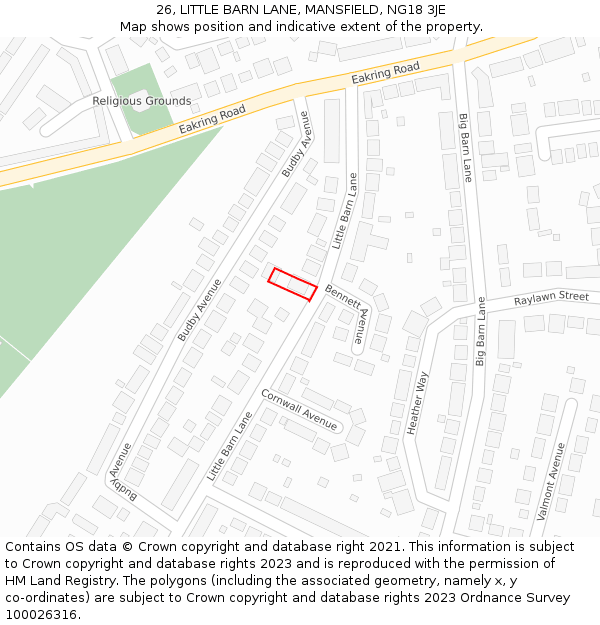 26, LITTLE BARN LANE, MANSFIELD, NG18 3JE: Location map and indicative extent of plot