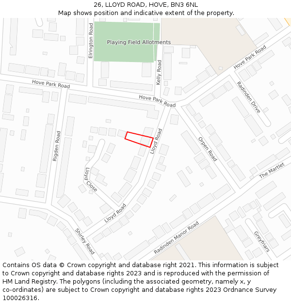 26, LLOYD ROAD, HOVE, BN3 6NL: Location map and indicative extent of plot