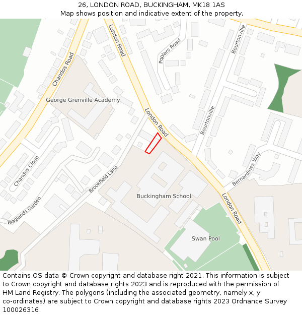 26, LONDON ROAD, BUCKINGHAM, MK18 1AS: Location map and indicative extent of plot