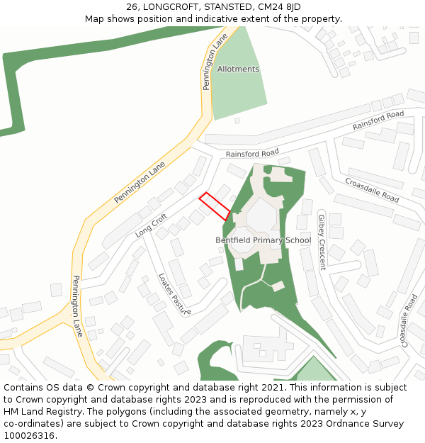 26, LONGCROFT, STANSTED, CM24 8JD: Location map and indicative extent of plot