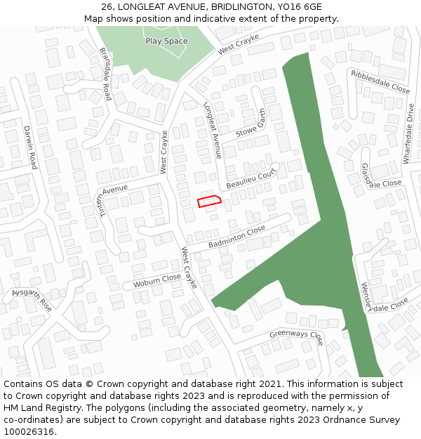 26, LONGLEAT AVENUE, BRIDLINGTON, YO16 6GE: Location map and indicative extent of plot