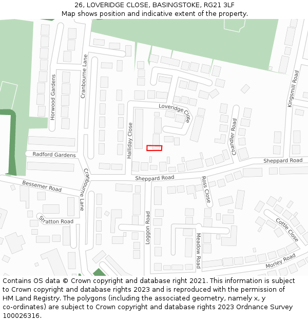 26, LOVERIDGE CLOSE, BASINGSTOKE, RG21 3LF: Location map and indicative extent of plot