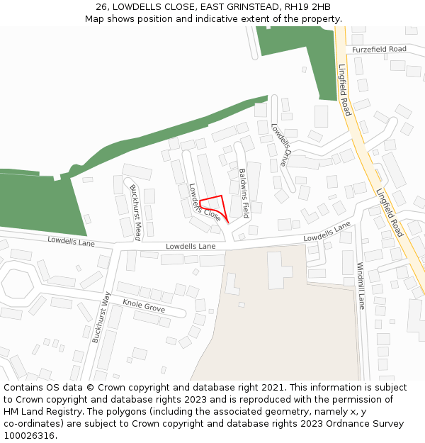 26, LOWDELLS CLOSE, EAST GRINSTEAD, RH19 2HB: Location map and indicative extent of plot