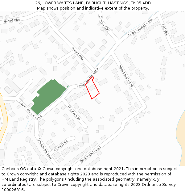 26, LOWER WAITES LANE, FAIRLIGHT, HASTINGS, TN35 4DB: Location map and indicative extent of plot