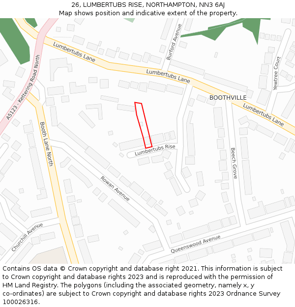 26, LUMBERTUBS RISE, NORTHAMPTON, NN3 6AJ: Location map and indicative extent of plot
