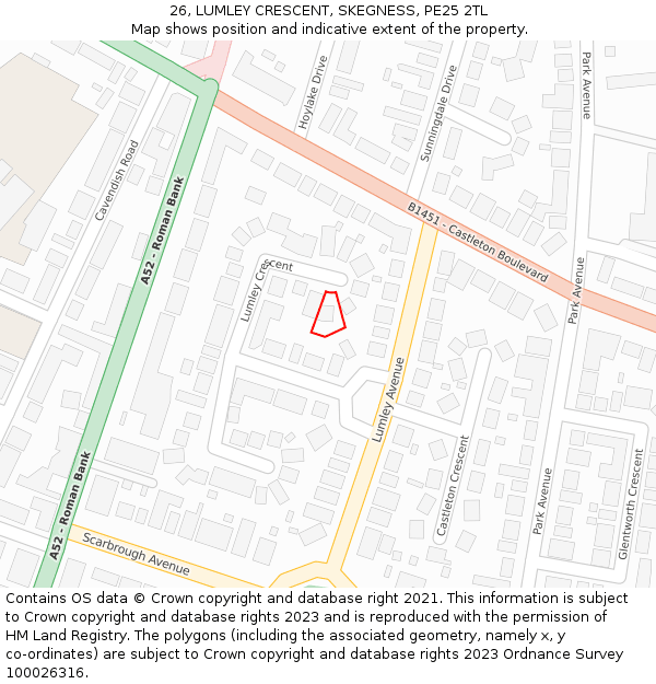 26, LUMLEY CRESCENT, SKEGNESS, PE25 2TL: Location map and indicative extent of plot