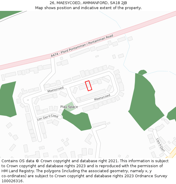 26, MAESYCOED, AMMANFORD, SA18 2JB: Location map and indicative extent of plot