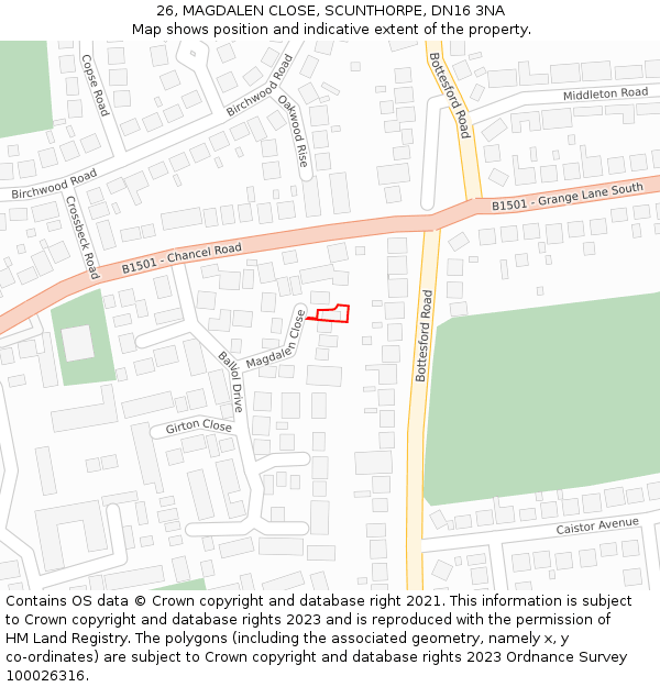 26, MAGDALEN CLOSE, SCUNTHORPE, DN16 3NA: Location map and indicative extent of plot