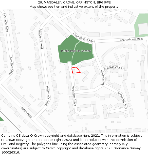 26, MAGDALEN GROVE, ORPINGTON, BR6 9WE: Location map and indicative extent of plot