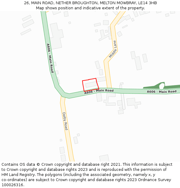 26, MAIN ROAD, NETHER BROUGHTON, MELTON MOWBRAY, LE14 3HB: Location map and indicative extent of plot