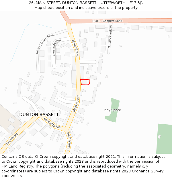 26, MAIN STREET, DUNTON BASSETT, LUTTERWORTH, LE17 5JN: Location map and indicative extent of plot