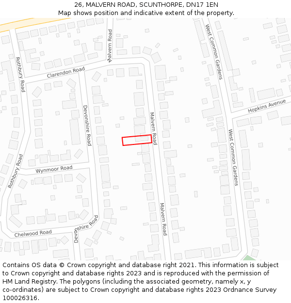 26, MALVERN ROAD, SCUNTHORPE, DN17 1EN: Location map and indicative extent of plot