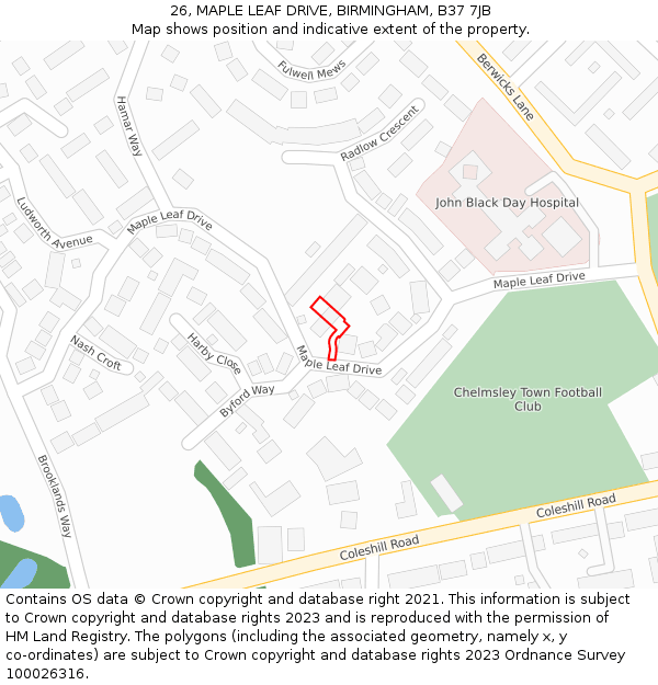 26, MAPLE LEAF DRIVE, BIRMINGHAM, B37 7JB: Location map and indicative extent of plot