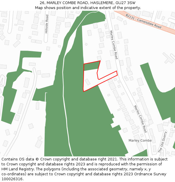 26, MARLEY COMBE ROAD, HASLEMERE, GU27 3SW: Location map and indicative extent of plot