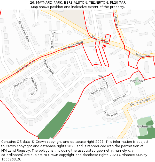 26, MAYNARD PARK, BERE ALSTON, YELVERTON, PL20 7AR: Location map and indicative extent of plot