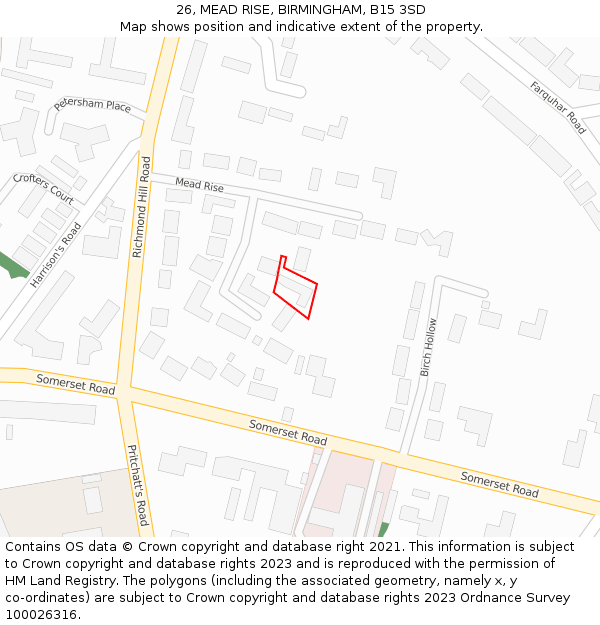 26, MEAD RISE, BIRMINGHAM, B15 3SD: Location map and indicative extent of plot