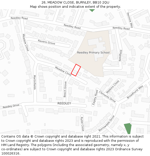 26, MEADOW CLOSE, BURNLEY, BB10 2QU: Location map and indicative extent of plot