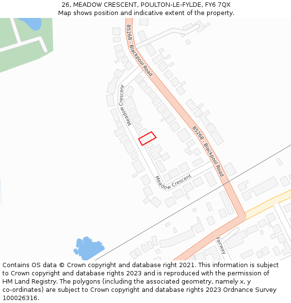 26, MEADOW CRESCENT, POULTON-LE-FYLDE, FY6 7QX: Location map and indicative extent of plot