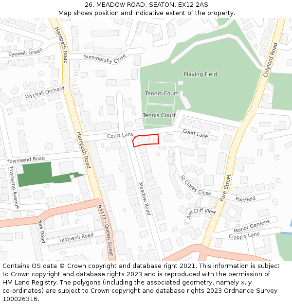 26, MEADOW ROAD, SEATON, EX12 2AS: Location map and indicative extent of plot