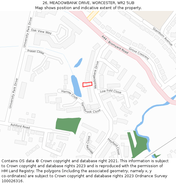 26, MEADOWBANK DRIVE, WORCESTER, WR2 5UB: Location map and indicative extent of plot