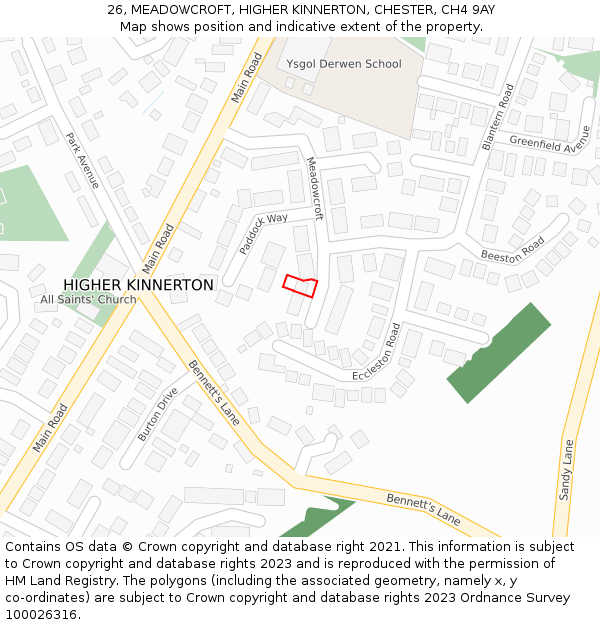 26, MEADOWCROFT, HIGHER KINNERTON, CHESTER, CH4 9AY: Location map and indicative extent of plot