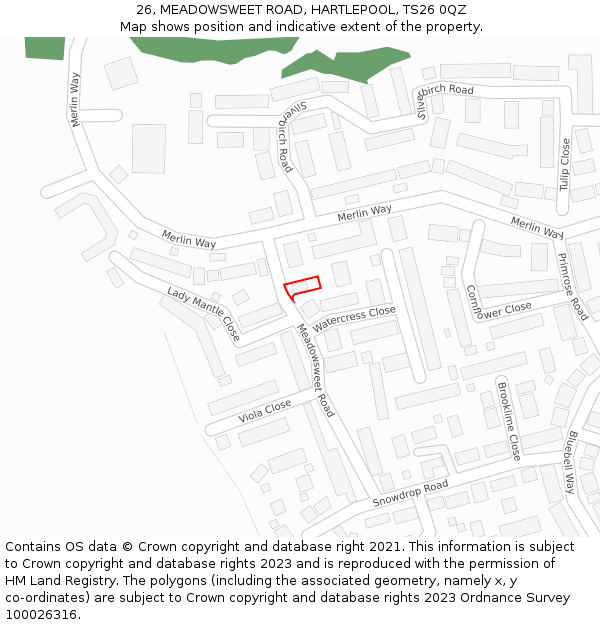 26, MEADOWSWEET ROAD, HARTLEPOOL, TS26 0QZ: Location map and indicative extent of plot