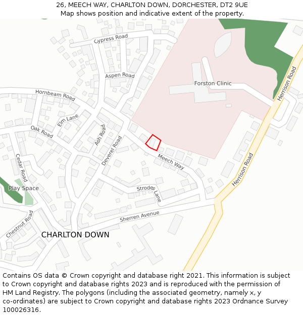 26, MEECH WAY, CHARLTON DOWN, DORCHESTER, DT2 9UE: Location map and indicative extent of plot