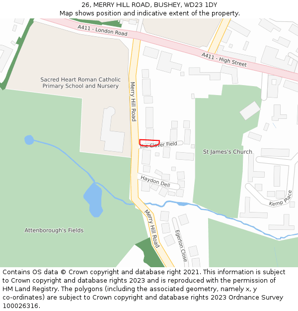26, MERRY HILL ROAD, BUSHEY, WD23 1DY: Location map and indicative extent of plot