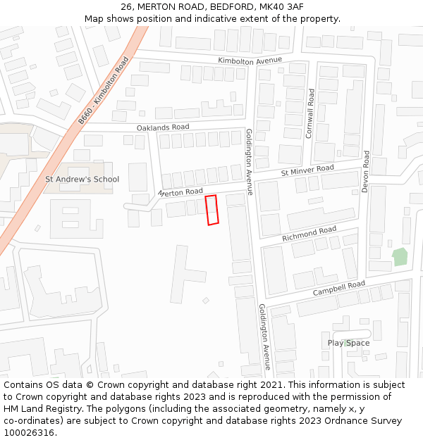 26, MERTON ROAD, BEDFORD, MK40 3AF: Location map and indicative extent of plot