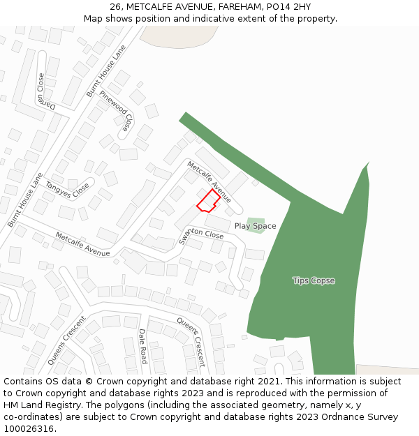 26, METCALFE AVENUE, FAREHAM, PO14 2HY: Location map and indicative extent of plot