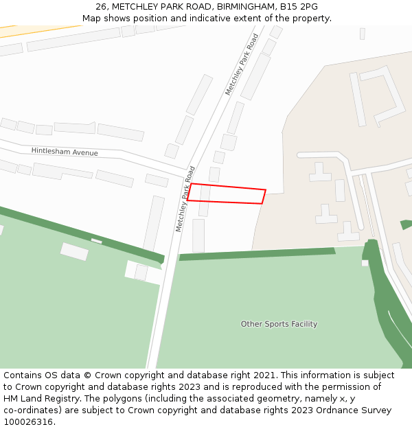 26, METCHLEY PARK ROAD, BIRMINGHAM, B15 2PG: Location map and indicative extent of plot