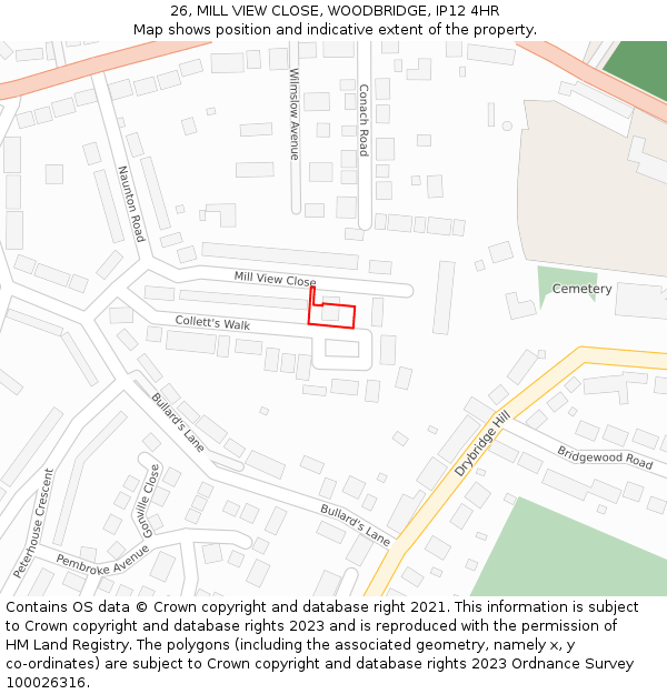 26, MILL VIEW CLOSE, WOODBRIDGE, IP12 4HR: Location map and indicative extent of plot