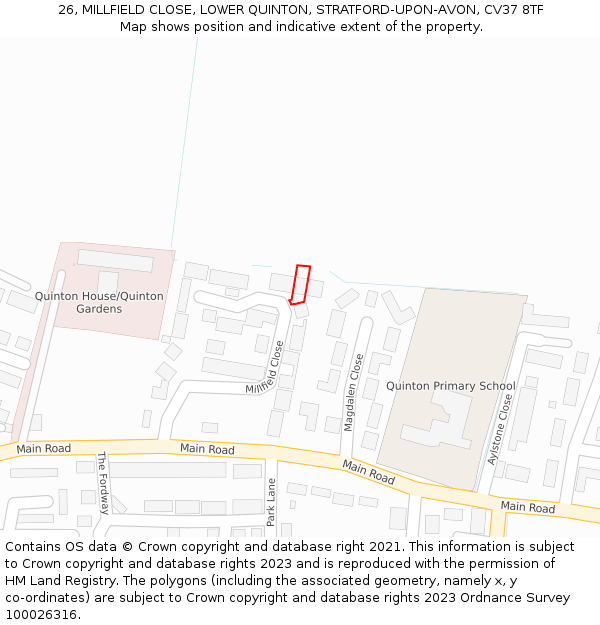 26, MILLFIELD CLOSE, LOWER QUINTON, STRATFORD-UPON-AVON, CV37 8TF: Location map and indicative extent of plot