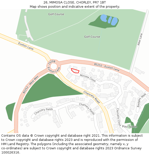 26, MIMOSA CLOSE, CHORLEY, PR7 1BT: Location map and indicative extent of plot