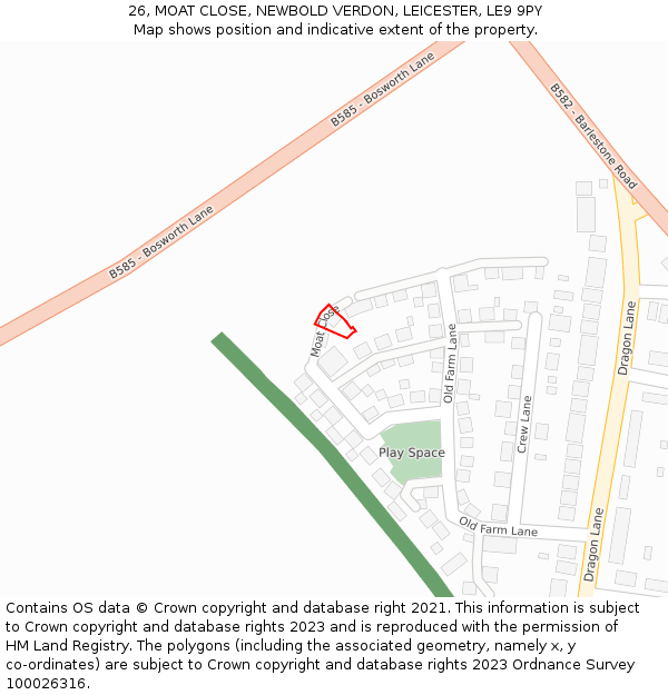 26, MOAT CLOSE, NEWBOLD VERDON, LEICESTER, LE9 9PY: Location map and indicative extent of plot