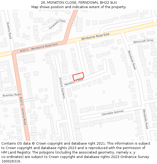 26, MONKTON CLOSE, FERNDOWN, BH22 9LN: Location map and indicative extent of plot
