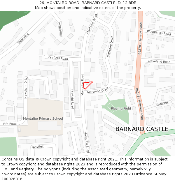 26, MONTALBO ROAD, BARNARD CASTLE, DL12 8DB: Location map and indicative extent of plot