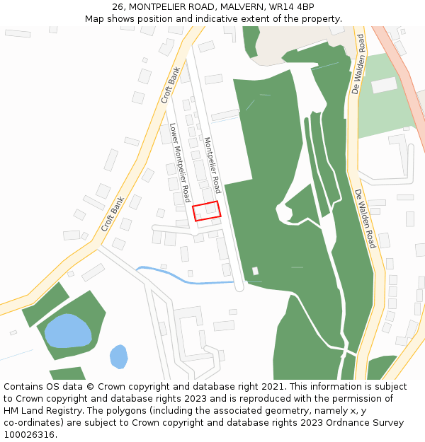 26, MONTPELIER ROAD, MALVERN, WR14 4BP: Location map and indicative extent of plot