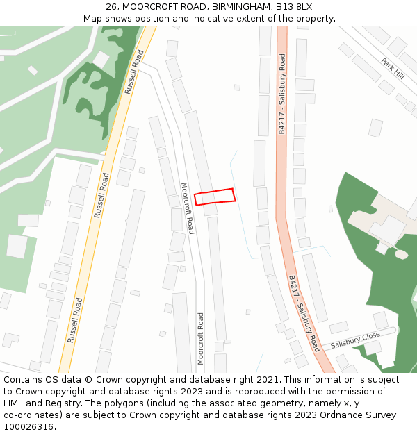 26, MOORCROFT ROAD, BIRMINGHAM, B13 8LX: Location map and indicative extent of plot