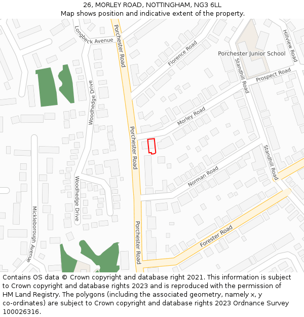 26, MORLEY ROAD, NOTTINGHAM, NG3 6LL: Location map and indicative extent of plot