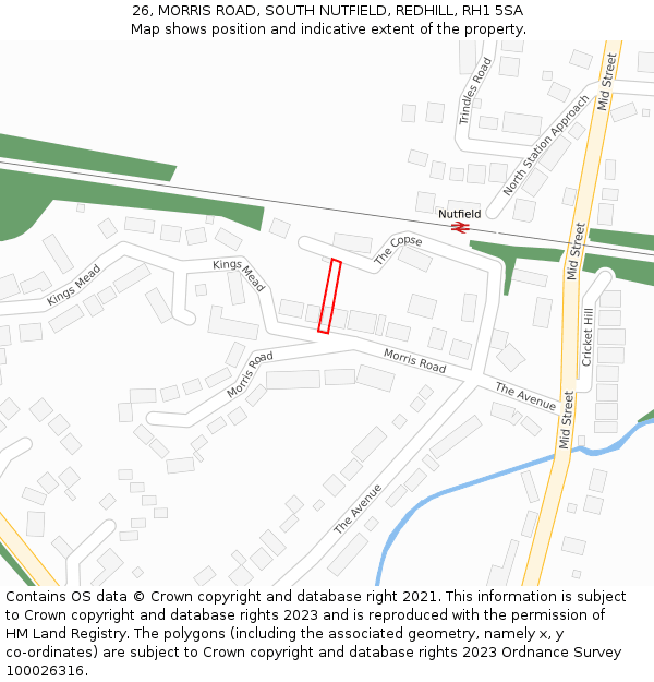 26, MORRIS ROAD, SOUTH NUTFIELD, REDHILL, RH1 5SA: Location map and indicative extent of plot