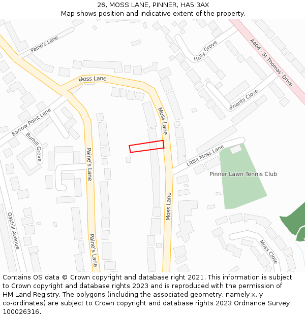 26, MOSS LANE, PINNER, HA5 3AX: Location map and indicative extent of plot