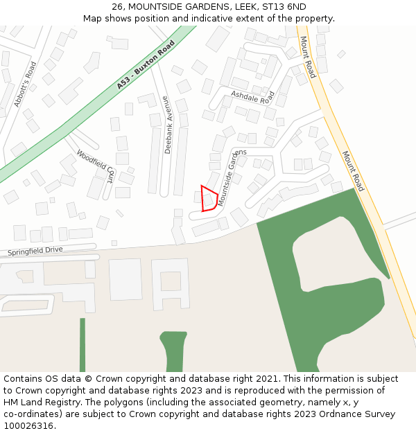 26, MOUNTSIDE GARDENS, LEEK, ST13 6ND: Location map and indicative extent of plot